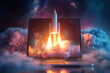 Launching a Space Rocket From Laptop Screen, Generative AI, Wallpaper