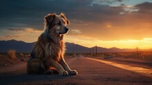 Cute Little Dog Sitting On The Road In The Countryside. Mountains And Sunset At The Background. AI Generated 