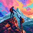 Generative AI illustration of a hiker lending a helping hand to their friend, as they conquer the mountain top together.