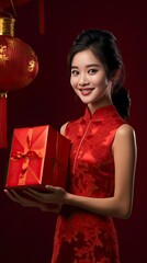 Wall Mural - A Chinese bride, Wearing a red bridal dress, Holding a big gift box in his hand, With a smile, A red background, A festive atmosphere, Movie shot, Movie lighting with generative ai