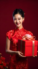 Wall Mural - A Chinese bride, Wearing a red bridal dress, Holding a big gift box in his hand, With a smile, A red background, A festive atmosphere, Movie shot, Movie lighting with generative ai