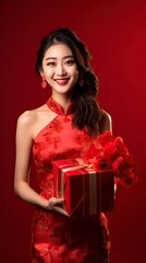 Wall Mural - A Chinese bride, Wearing a red bridal dress, Holding a big gift box in his hand, With a smile, A red background, A festive atmosphere, Movie shot, Movie lighting with generative ai