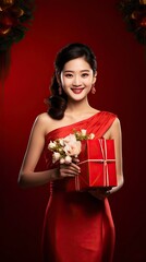 Wall Mural - A Chinese bride, Wearing a red bridal dress, Holding a big gift box in his hand, With a smile, A red background, A festive atmosphere, Movie shot, Movie lighting with generative ai