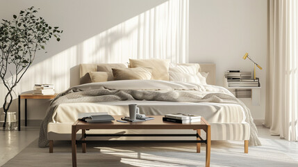 Sticker - Light cozy bedroom with empty bed and coffee table with magazines copy space. Ai Generative