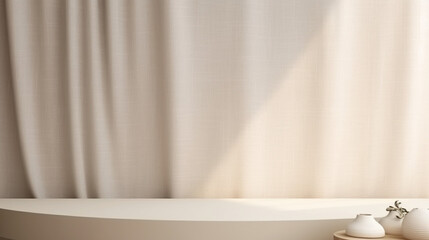 Fototapete - Abstract curtains interior design. Light beige podium background with Generative Ai.