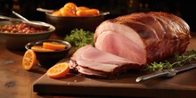 Carefully Handcarved And Beautifully Presented, This Roast Ham Showcases The Artistry Of The Culinary World, Offering Thick Slices Of Succulent Meat That Are Tender, Juicy, And B With Flavor.
