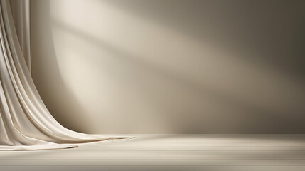 Fototapete - Abstract curtains interior design. Light beige podium background with Generative Ai.