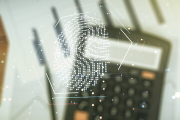 Aufkleber - Abstract virtual fingerprint illustration on blurry calculator and papers background, personal biometric data concept. Multiexposure