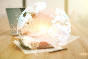 Poster - Multi exposure of abstract graphic world map hologram on calculator and pc background, connection and communication concept