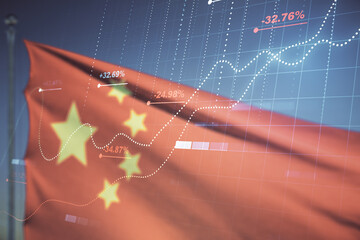 Poster - Multi exposure of stats data illustration on flag of China and sunset sky background, computing and analytics concept
