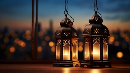 Canvas Print - Ramadan Kareem greeting card with Arabic lanterns and blurred background.