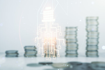 Aufkleber - Double exposure of virtual creative light bulb hologram with chip on growing stacks of coins background, idea and brainstorming concept