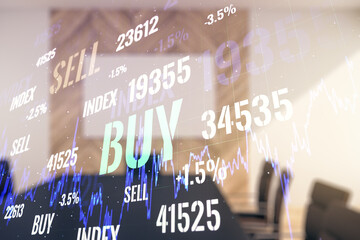 Poster - Multi exposure of abstract virtual financial graph hologram on a modern conference room background, forex and investment concept