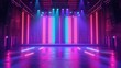 The vibrant neon lights dance and flicker across the walls of the concert hall creating a visually stunning backdrop for the lively performance