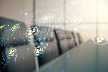 Aufkleber - Double exposure of social network icons interface and world map on a modern boardroom background. Networking concept