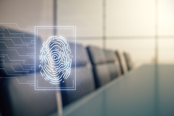 Aufkleber - Abstract virtual fingerprint illustration on a modern coworking room background, personal biometric data concept. Multiexposure