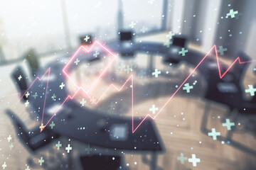 Poster - Abstract virtual heart pulse hologram on a modern coworking room background, online medical consulting concept. Multiexposure
