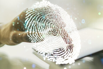 Aufkleber - Abstract creative fingerprint illustration with finger clicks on a digital tablet on background, personal biometric data concept. Multiexposure