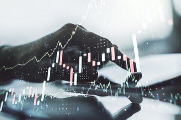 Poster - Double exposure of abstract creative financial chart with finger clicks on a digital tablet on background, research and strategy concept