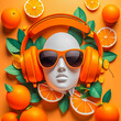 illustration of paper art fruit orange with headphones and sunglasses on the abstract background.