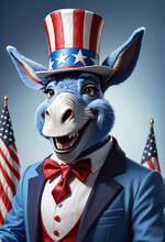 Blue Donkey Wearing A Top Uncle Sam Hat. Generative AI