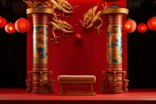 A Chinese Podium With A Picture Of A Dragon With An Empty Space In The Middle Decorated With Hanging Chinese Lanterns With Generative Ai