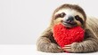 © JW Studio - Smiling cute sloth hug hearts pillow isolated on white, Women's Day, Mother's Day, Valentine's Day, Wedding concept. Copy space.