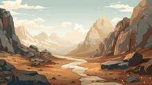 A Flat Illustration Of Quiet Mountain Pass, The Path And Stones Rendered In Earth Tones