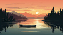 Illustration Quiet Solitude Of Canoe On Still Lake, With Gentle Earth Tones Evoking Dawn First Light