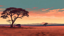 Earth Toned Art Of Sparse Savanna Scene, With Single Acacia Tree Against Backdrop Soft Sunset Colors