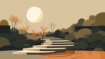 Wall Mural - An earth toned illustration of minimalist garden path in a scene composed of simple shapes and hues
