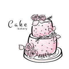 Festive cake with flowers, watercolor sketch. Doodle. Holiday dessert in vintage style,fashion sketch, freehand drawing, line icon.