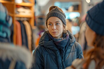 Wall Mural - a sales assistant is taking note when talking with a customer. the background is a warm and comfortable woman fashion store.