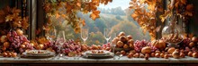 Composition Table Setting Chestnuts Autumn Leaves, Background HD, Illustrations