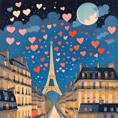 Beautiful view of the city of Paris, France, hearts exploding, paris illustrations, city of love, valentine's day, couples, love, hearts, card, templates, postcard, template designs, ai generated, art