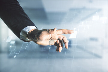 Poster - Multi exposure of man hand with pen working with abstract virtual financial graph on blurred office background, forex and investment concept