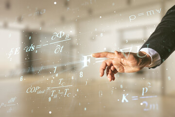 Aufkleber - Man hand working with abstract scientific formula hologram on blurred office background. Multiexposure