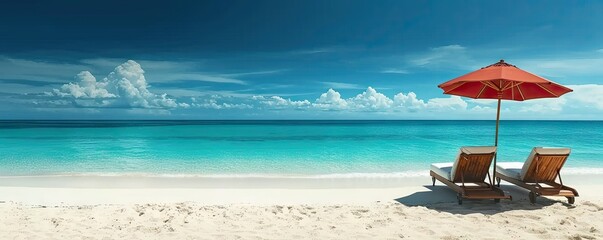 Wall Mural - Landscape of beach with chair overlooking sea sand blending into sky in summer blue vacation by water edge in tropic ocean coast forming paradise with seascape view island travel embracing nature