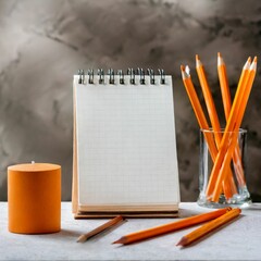 Notepad, orange pencils on the table. Mockup on office background for copy space. It is impo