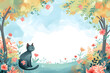 Cute cartoon cat frame border on background in watercolor style.