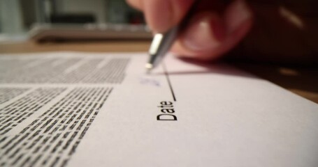 Wall Mural - Closeup of woman hands signing contract and handwriting date