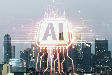 Poster - Abstract virtual artificial Intelligence symbol hologram on Los Angeles skyline background. Multiexposure
