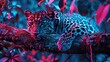 A neon leopard resting on a neon tree branch its neon spots blending in with the foliage