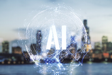 Poster - Creative artificial Intelligence symbol hologram on blurry skyscrapers background. Double exposure