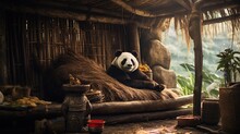 A Calm Panda Is Resting In A Hut With Some Logs