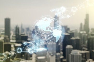 Aufkleber - Abstract virtual robotics technology hologram with globe on blurry skyscrapers background, artificial intelligence and machine learning concept. Multi exposure