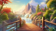 Animated Illustration Of A Wooden Bridge With A Natural Waterfall In The Background. Illustration Of Waterfalls And Mountains. Background Animation.