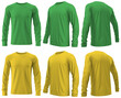 Set of Green yellow long sleeve shirt front, back and side view cutout on transparent background. Mockup template product presentation.