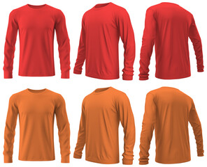Set of Red orange long sleeve shirt front, back and side view cutout on transparent background. Mockup template product presentation.
