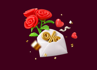 Vector 3d Valentine sale icon. Red flowers and envelope with discount in cartoon stylized illustration, isolated on dark background. Happy mothers day or Women day concept. Email marketing element